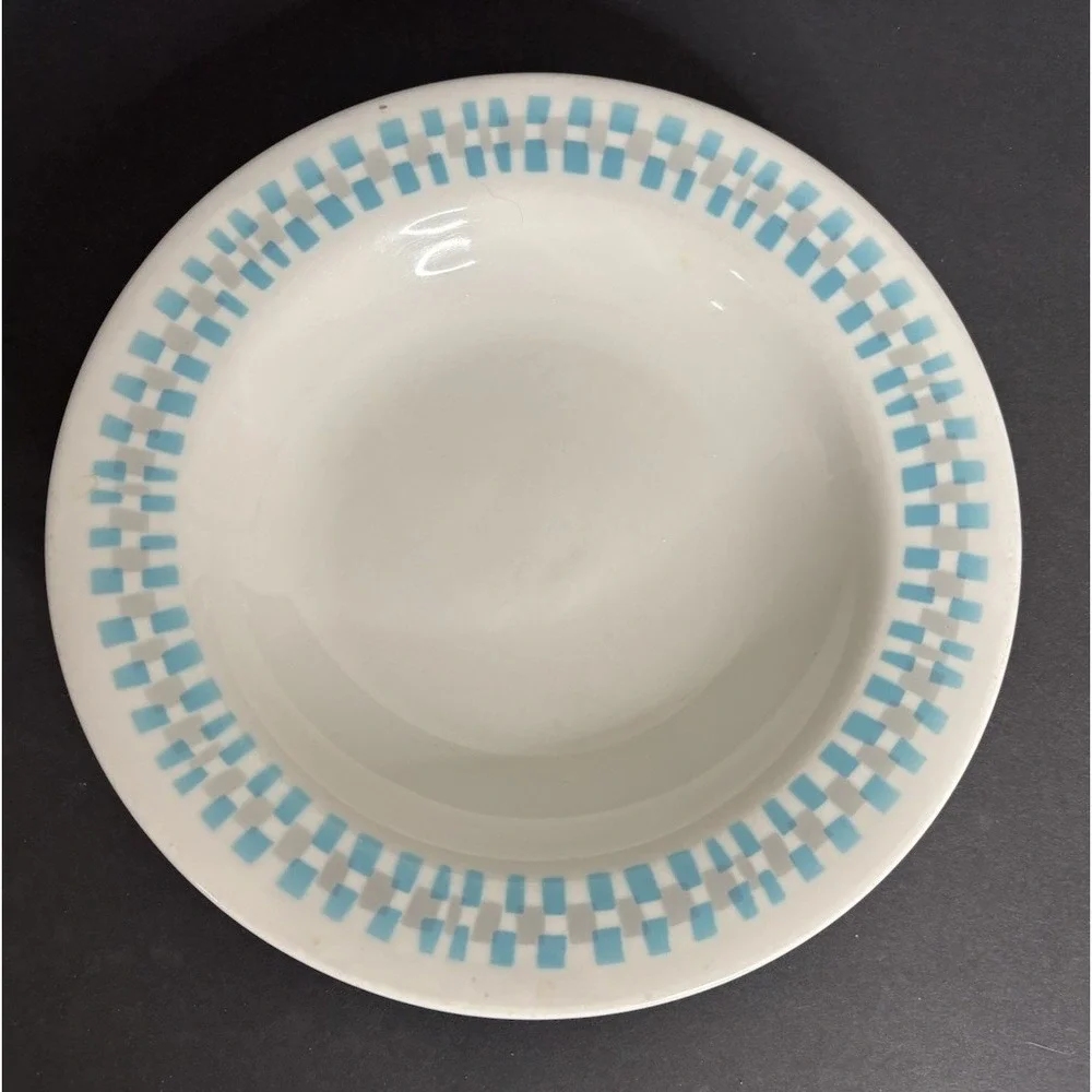 Shenango China Turquoise Gray Checker Rimmed Soup Bowl 9